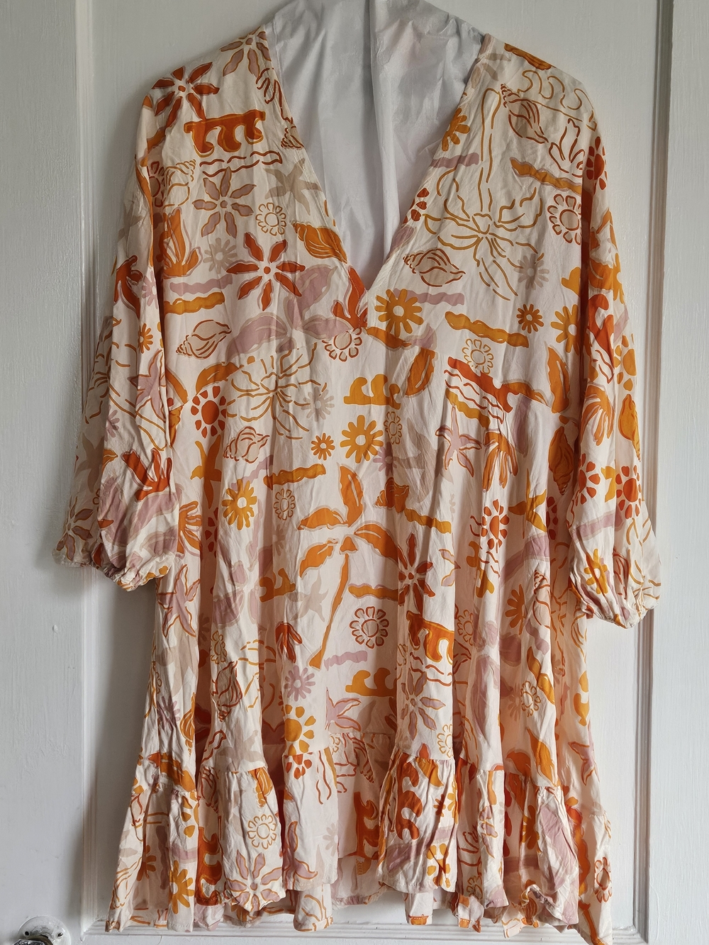 Label Of Love V-Neck Ruffle Hem Mini Dress in Orange, Pink, White XL - Picture 2 of 16